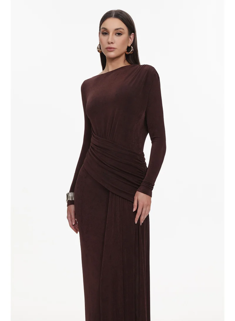 Bella Barnett  Skyler Elegant Contour Long Sleeve Ruched High Slit Knit Brown Maxi Dress for Women | Best Price UAE